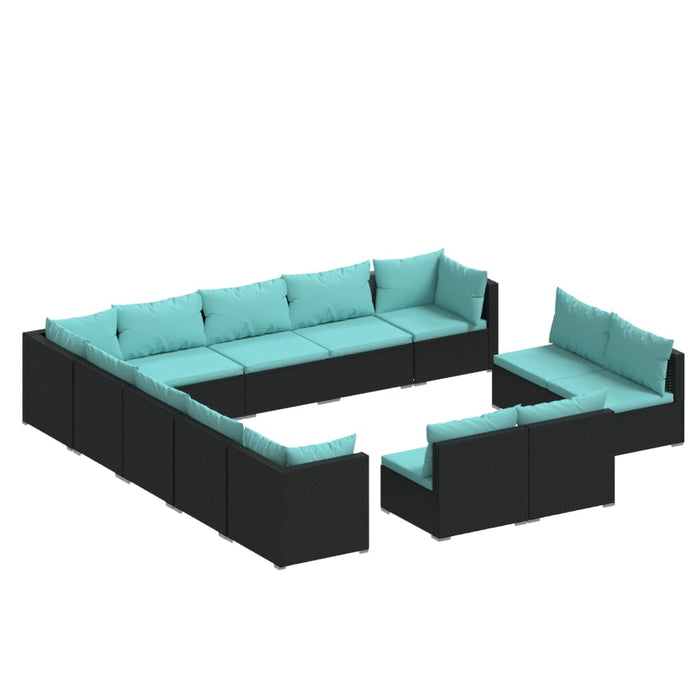 13-tlg. Garten-Lounge-Set mit Kissen Schwarz Poly Rattan