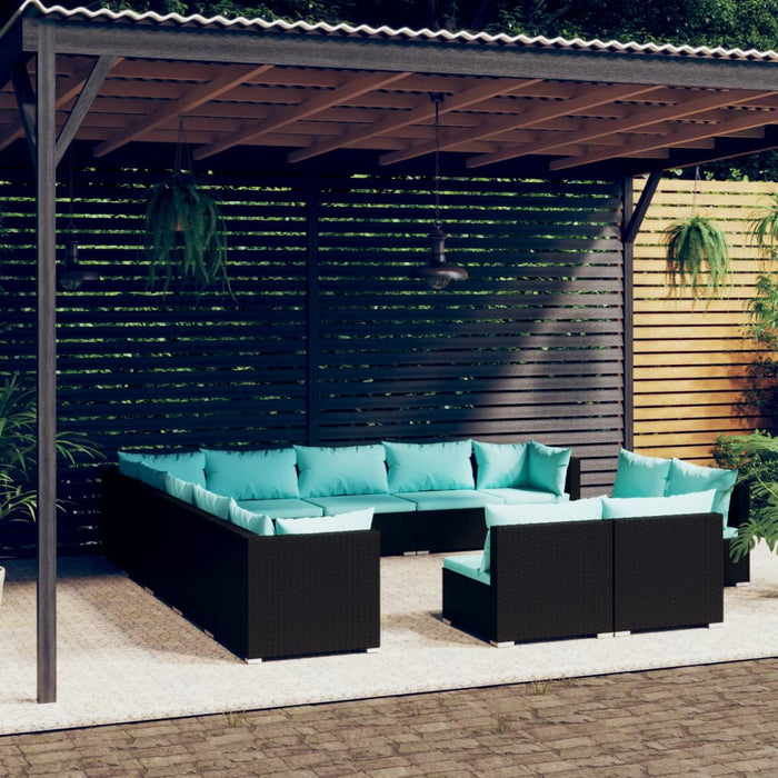 13-tlg. Garten-Lounge-Set mit Kissen Schwarz Poly Rattan