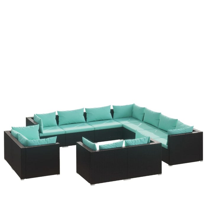 11-tlg. Garten-Lounge-Set mit Kissen Schwarz Poly Rattan