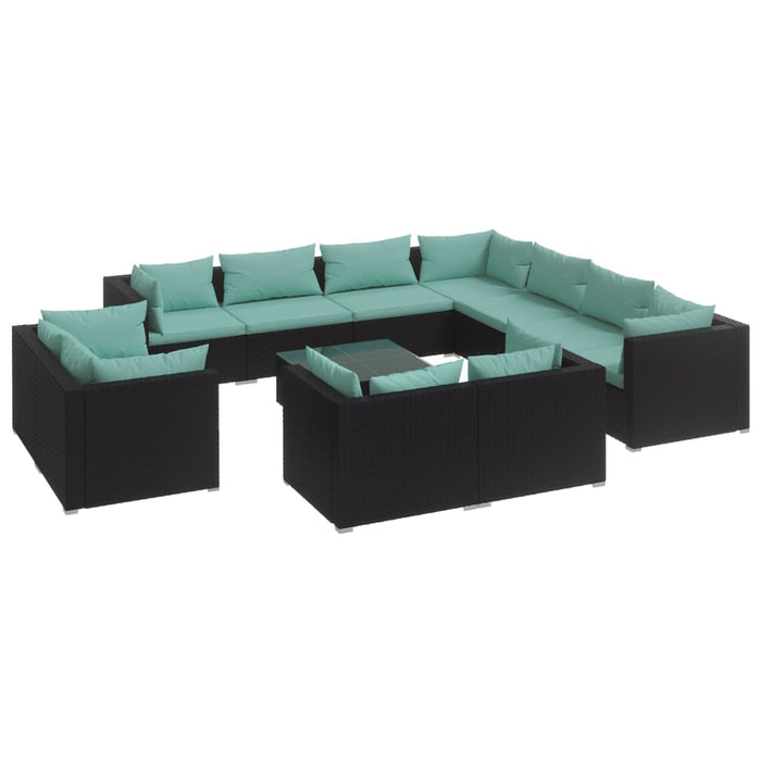12-tlg. Garten-Lounge-Set mit Kissen Schwarz Poly Rattan