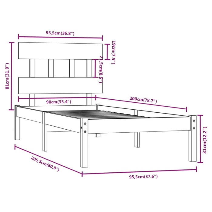 Massivholzbett Grau 90x200 cm