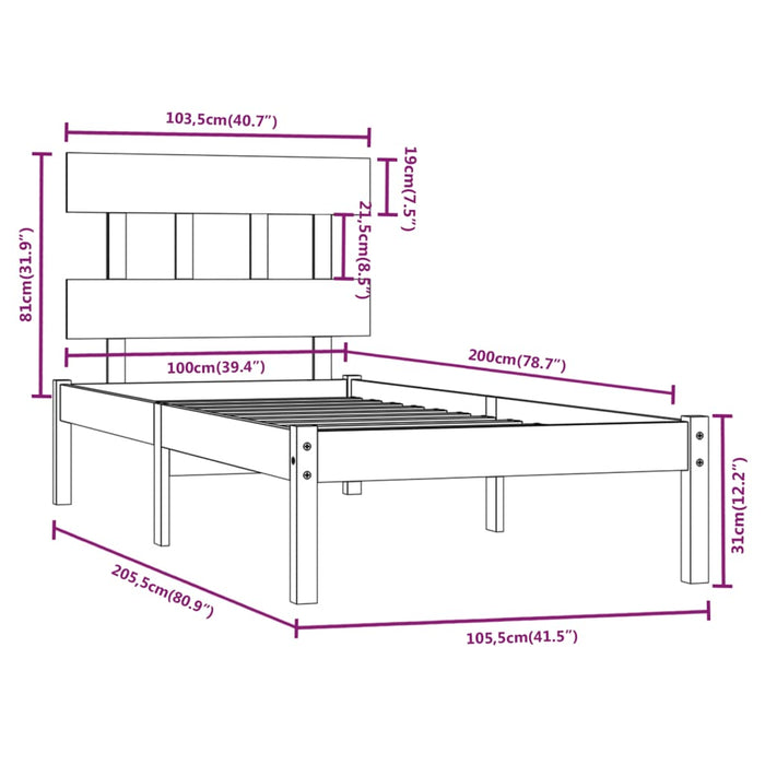 Massivholzbett Grau 100x200 cm