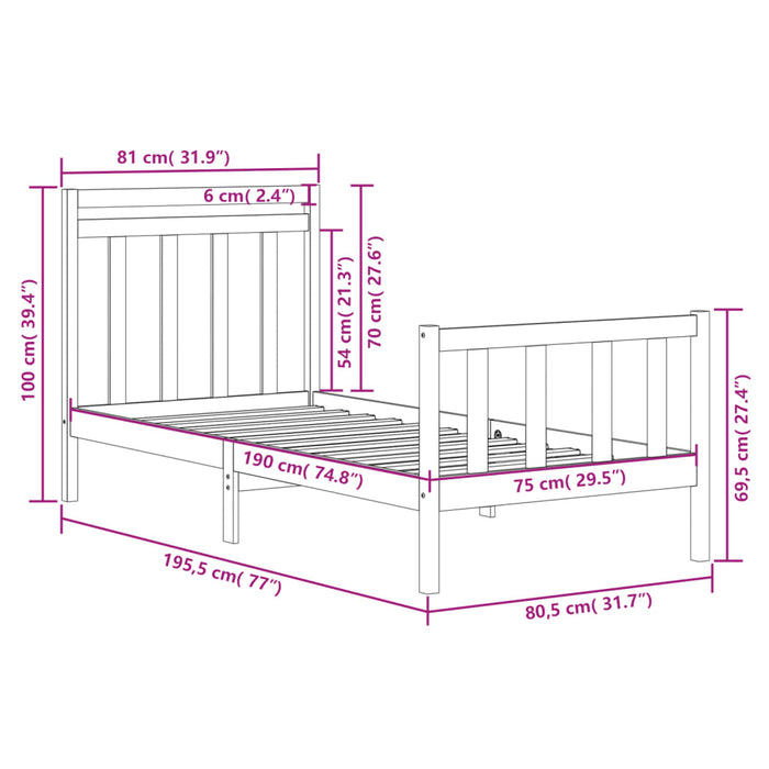 Massivholzbett Grau 75x190 cm