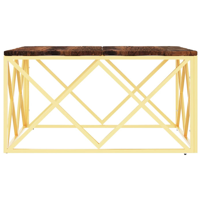Coffee table Golden stainless steel and solid old wood