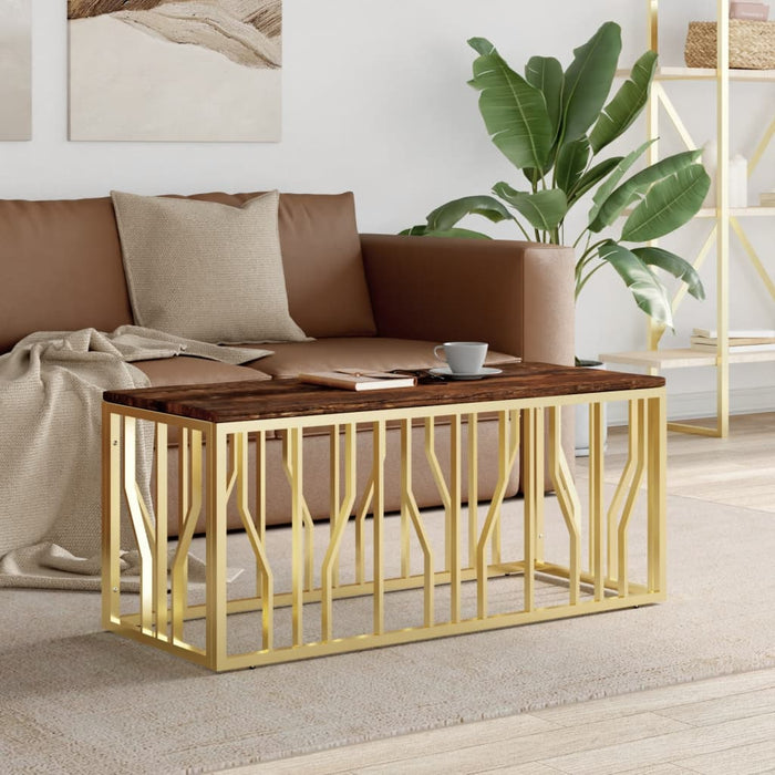 Coffee table Golden stainless steel and solid old wood