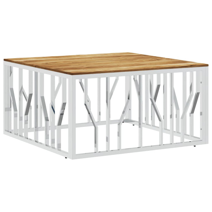 Coffee table silver stainless steel and solid acacia wood