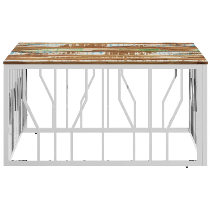 Coffee table silver stainless steel and solid old wood