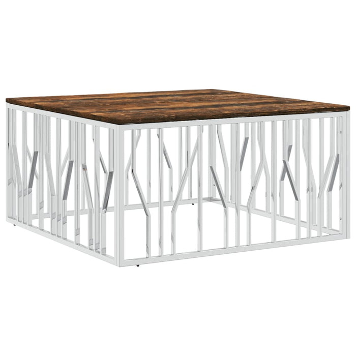 Coffee table silver stainless steel and solid old wood