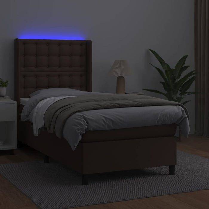 Boxspringbett mit Matratze & LED Braun 90x200 cm Kunstleder