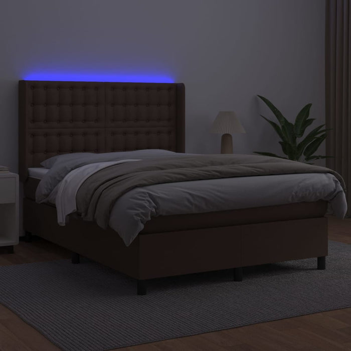 Boxspringbett mit Matratze & LED Braun 140x200 cm Kunstleder