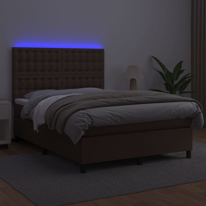 Boxspringbett mit Matratze & LED Braun 140x200 cm Kunstleder