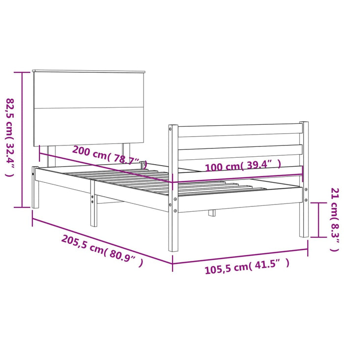 Massivholzbett mit Kopfteil Grau 100x200 cm