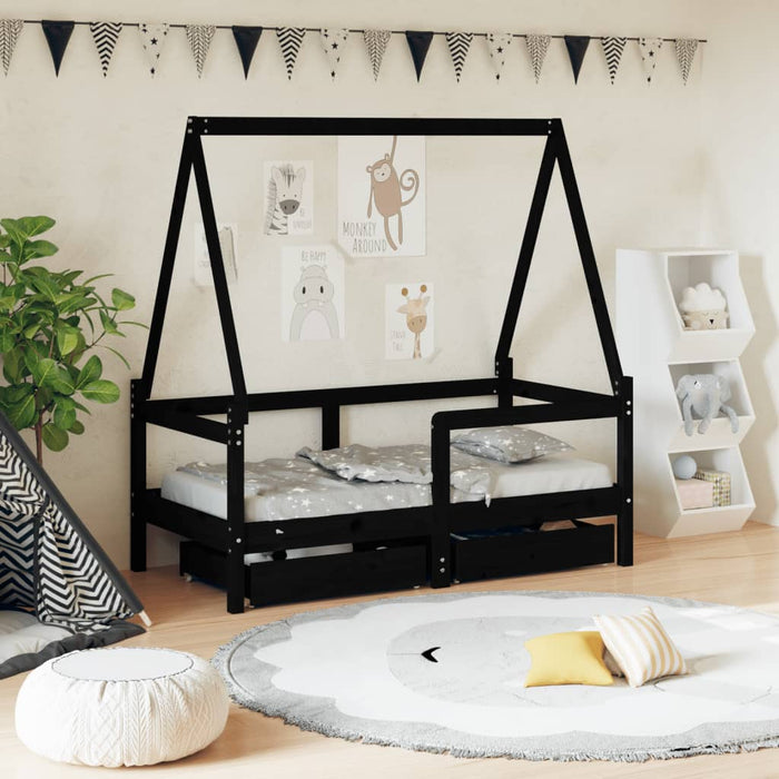 Children's bed with drawers black 70x140 cm solid pine wood