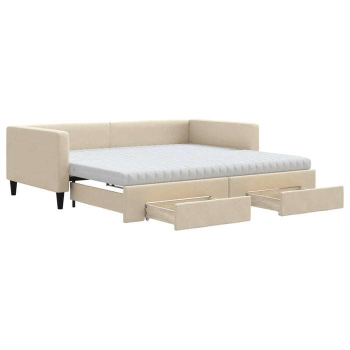 Tagesbett Ausziehbar mit Schubladen Creme 100x200 cm Stoff
