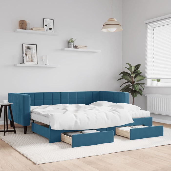 Tagesbett Ausziehbar mit Schubladen Blau 90x200 cm Samt