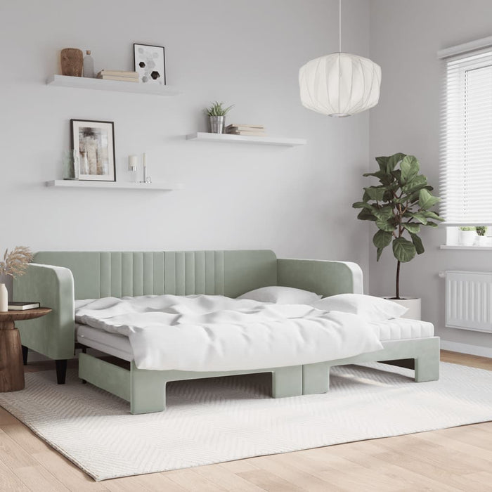 Tagesbett Ausziehbar mit Matratzen Hellgrau 100x200 cm Samt