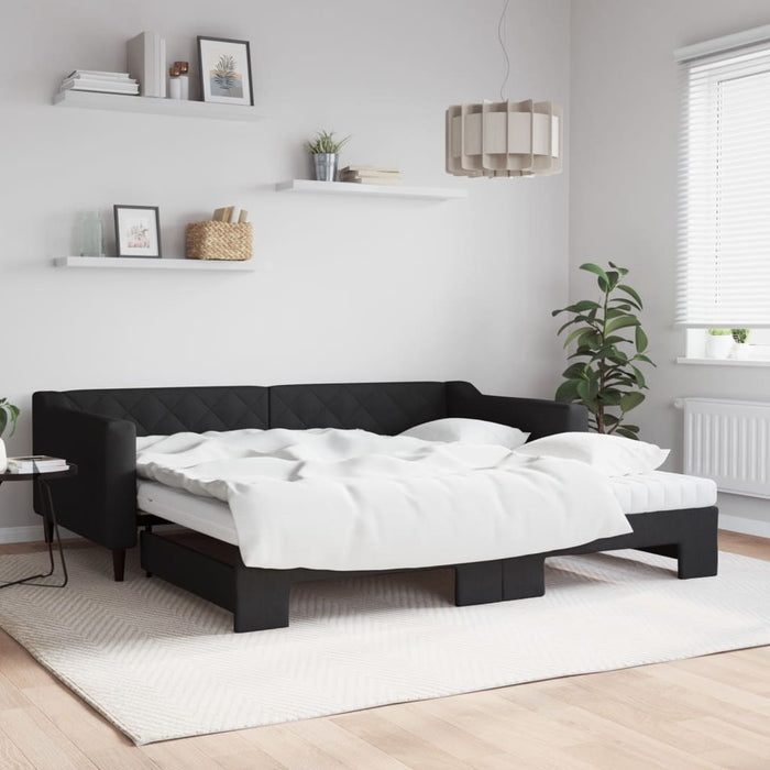 Tagesbett Ausziehbar mit Matratzen Schwarz 100x200 cm Stoff