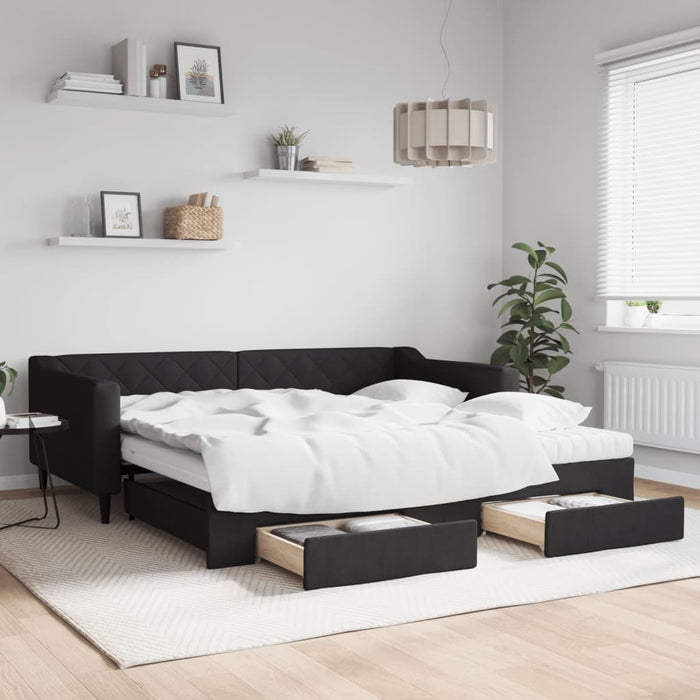 Tagesbett Ausziehbar mit Schubladen Schwarz 100x200 cm Stoff