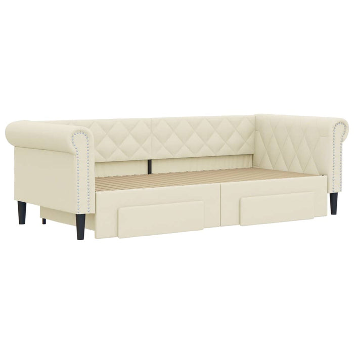 Tagesbett Ausziehbar mit Schubladen Creme 90x200 cm Kunstleder