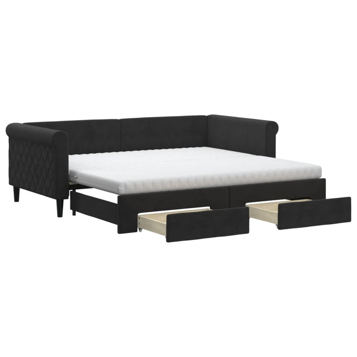 Tagesbett Ausziehbar mit Schubladen Schwarz 90x190 cm Samt