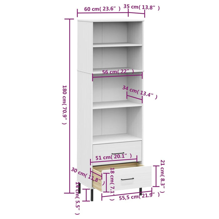 Bücherregal OSLO mit 2 Schubladen Weiß 60x35x180 cm Massivholz