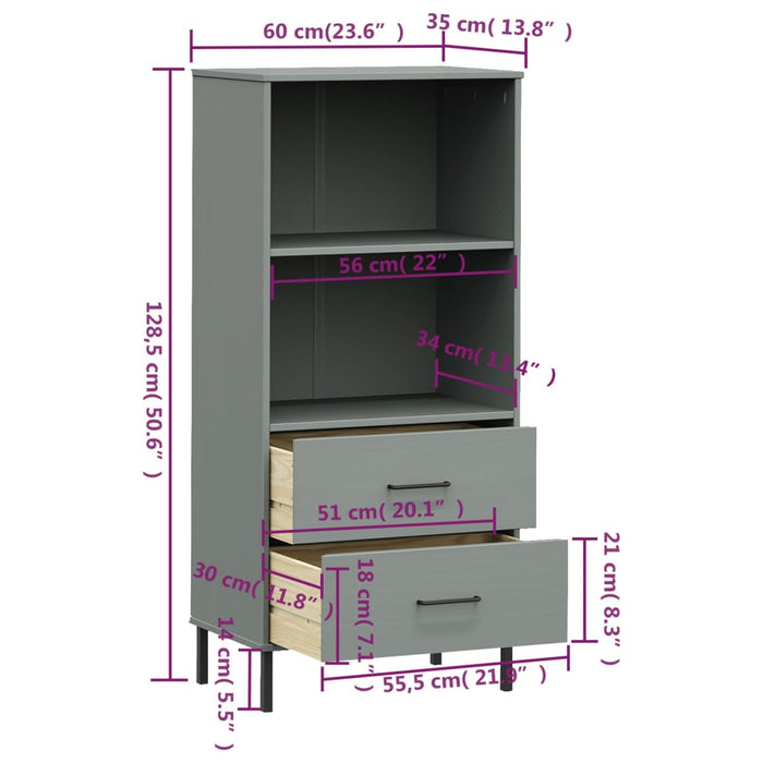 Bücherregal OSLO mit 2 Schubladen Grau 60x35x128,5cm Massivholz