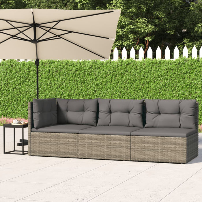 3-tlg. Garten-Lounge-Set mit Kissen Grau Poly Rattan