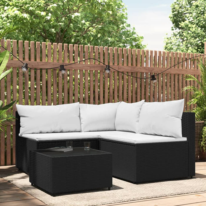 4-tlg. Garten-Lounge-Set mit Kissen Schwarz Poly Rattan