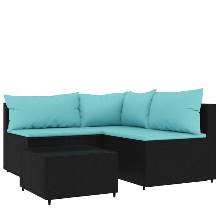 4-tlg. Garten-Lounge-Set mit Kissen Schwarz Poly Rattan