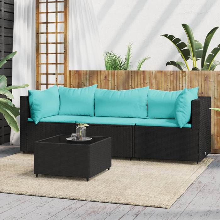 4-tlg. Garten-Lounge-Set mit Kissen Schwarz Poly Rattan