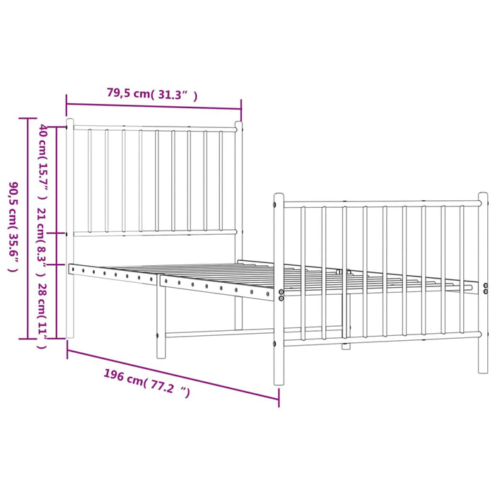 Bettgestell mit Kopf- und Fußteil Metall Weiß 75x190 cm