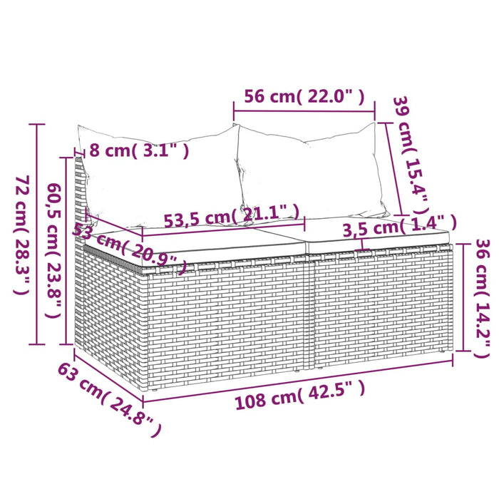Garten-Mittelsofas mit Kissen 2 Stk. Grau Poly Rattan