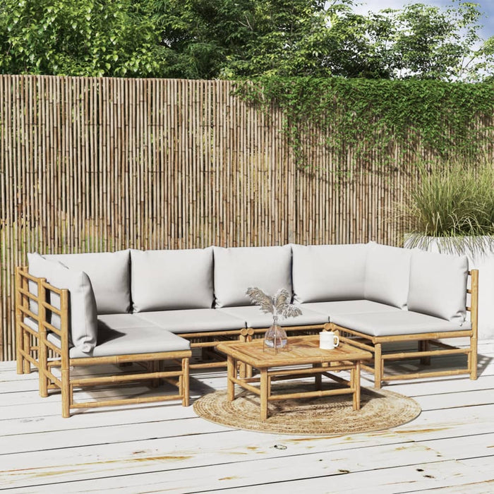 7-tlg. Garten-Lounge-Set mit Hellgrauen Kissen Bambus