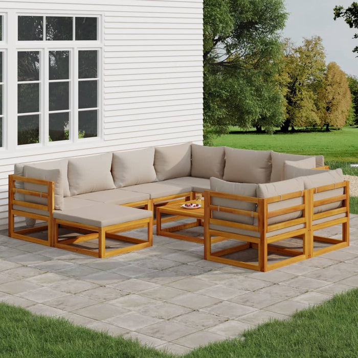 10 pcs. Garden lounge set with light gray cushions solid wood