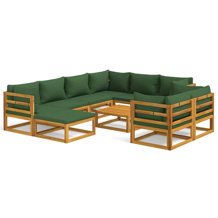 10 pcs. Garden Lounge Set with Green Cushions Solid Wood