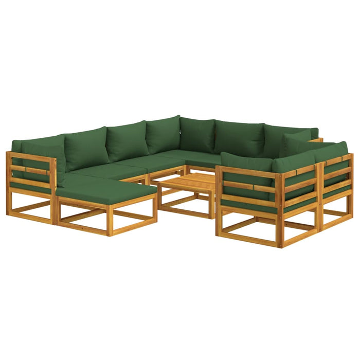 10 pcs. Garden Lounge Set with Green Cushions Solid Wood
