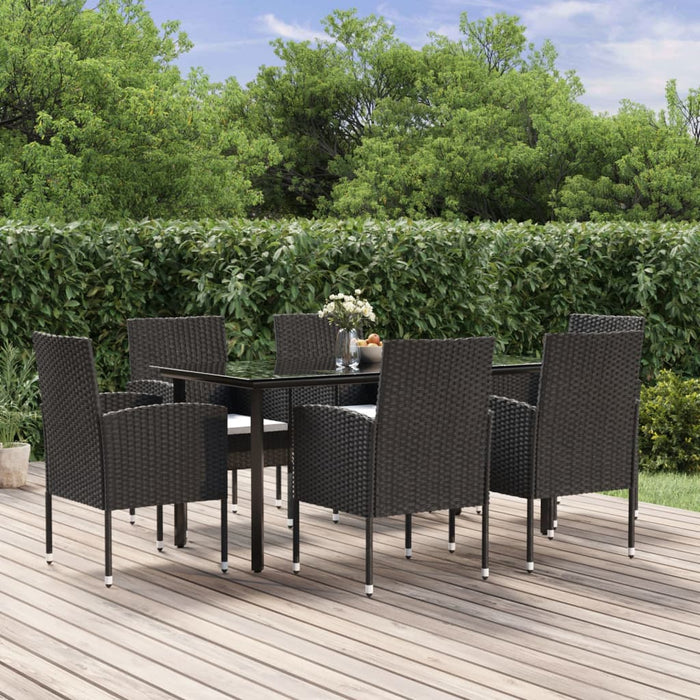 7-tlg. Garten-Essgruppe mit Kissen Schwarz Poly Rattan