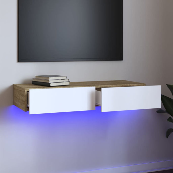 TV-Schrank mit LED-Leuchten Weiß und Sonoma-Eiche 90x35x15,5 cm