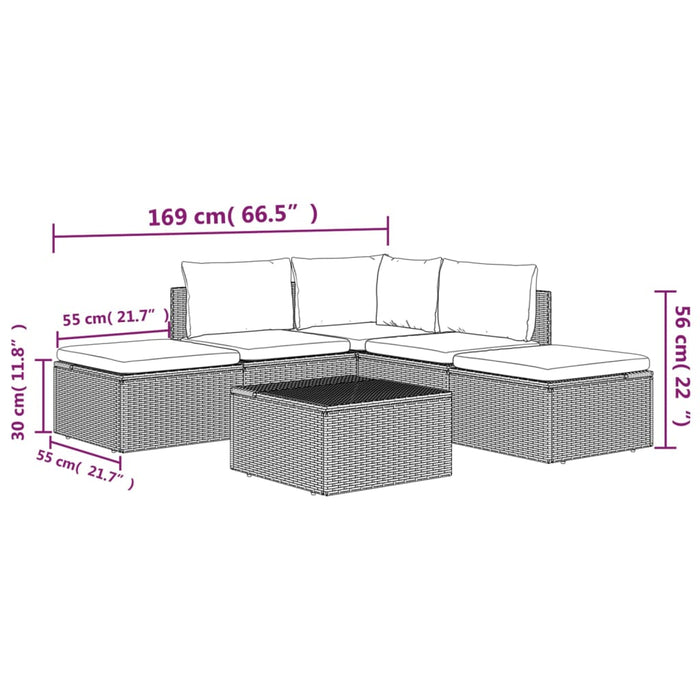6-tlg. Garten-Lounge-Set mit Kissen Grau Poly Rattan