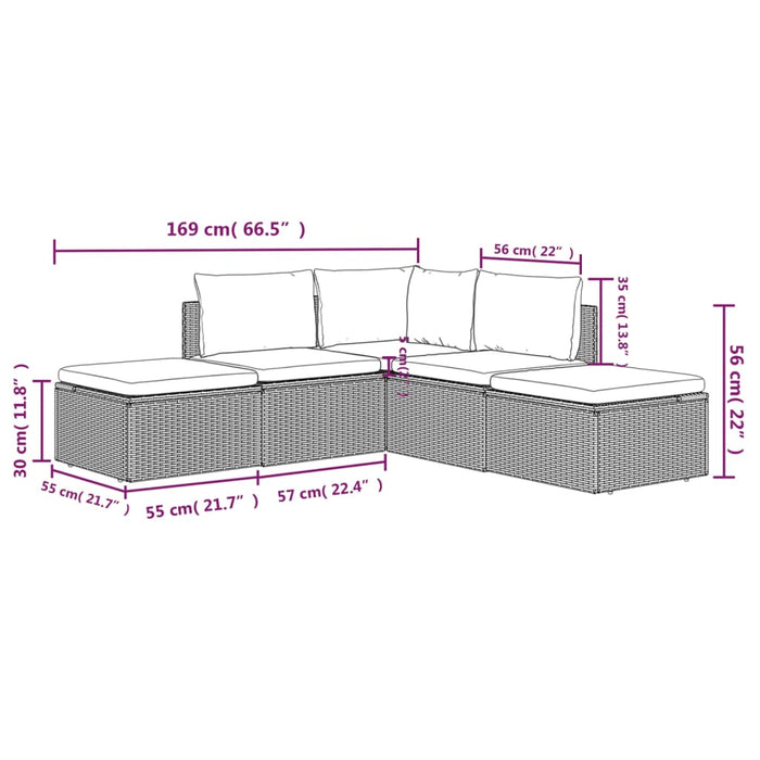 5-tlg. Garten-Lounge-Set mit Kissen Grau Poly Rattan