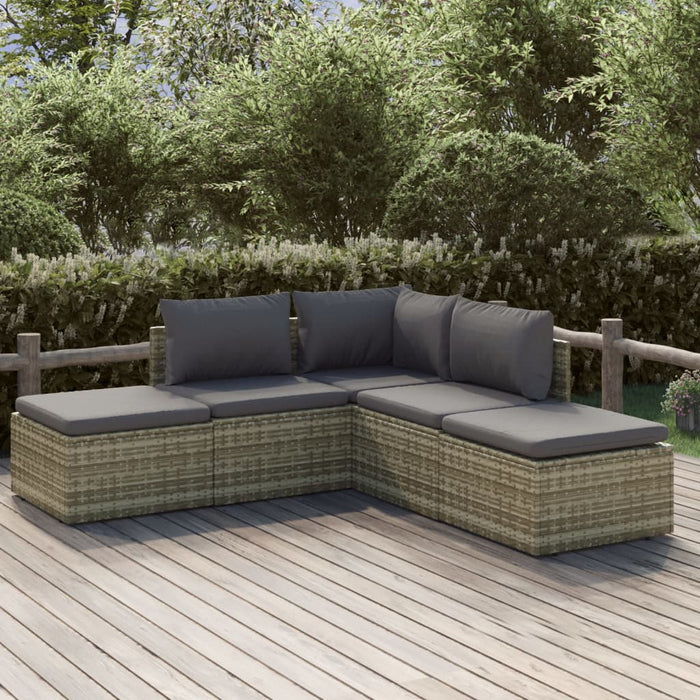 5-tlg. Garten-Lounge-Set mit Kissen Grau Poly Rattan