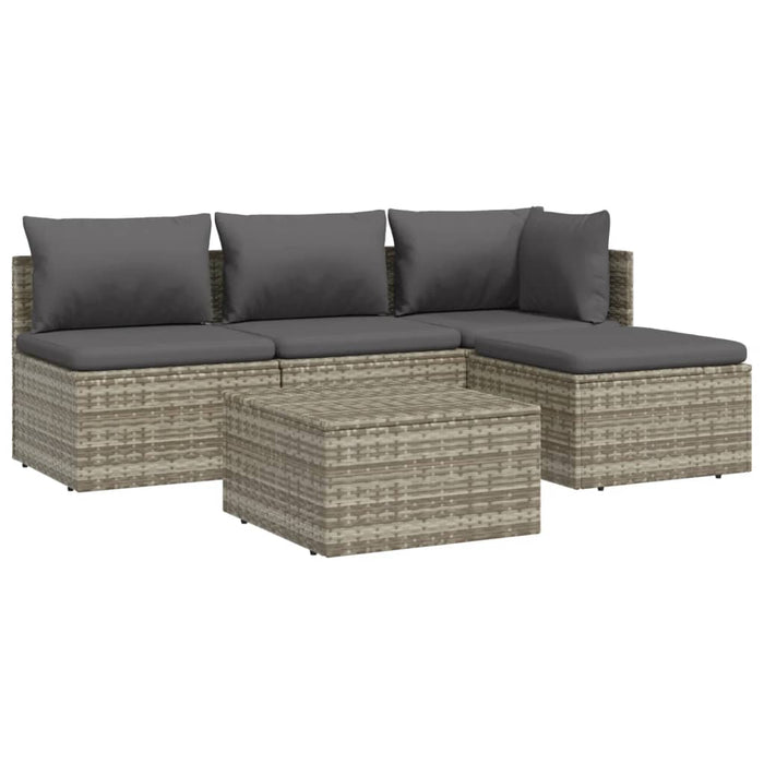 5-tlg. Garten-Lounge-Set mit Kissen Grau Poly Rattan
