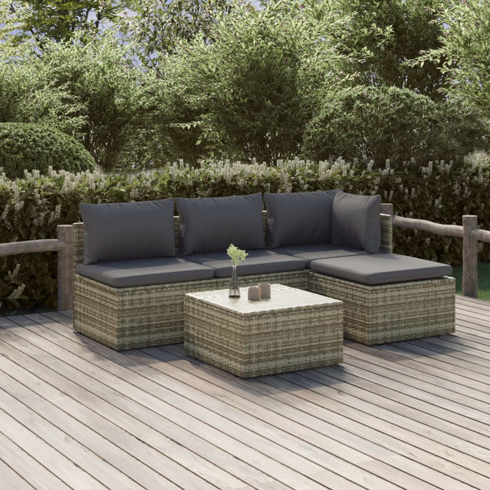 5-tlg. Garten-Lounge-Set mit Kissen Grau Poly Rattan