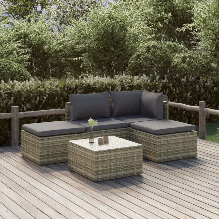 5-tlg. Garten-Lounge-Set mit Kissen Grau Poly Rattan