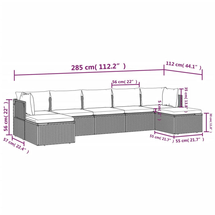 7-tlg. Garten-Lounge-Set mit Kissen Grau Poly Rattan