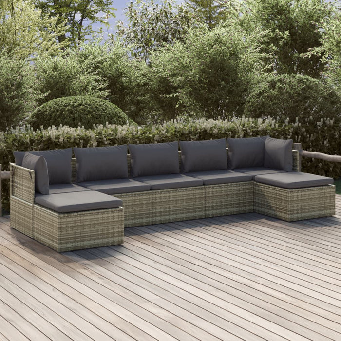 7-tlg. Garten-Lounge-Set mit Kissen Grau Poly Rattan