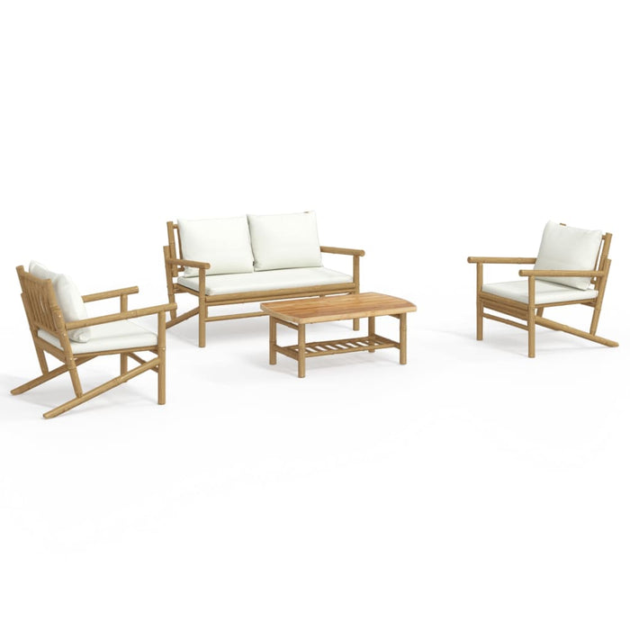 4-tlg. Garten-Lounge-Set mit Cremeweißen Kissen Bambus