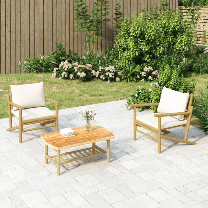 3-tlg. Garten-Lounge-Set mit Kissen Creme Bambus