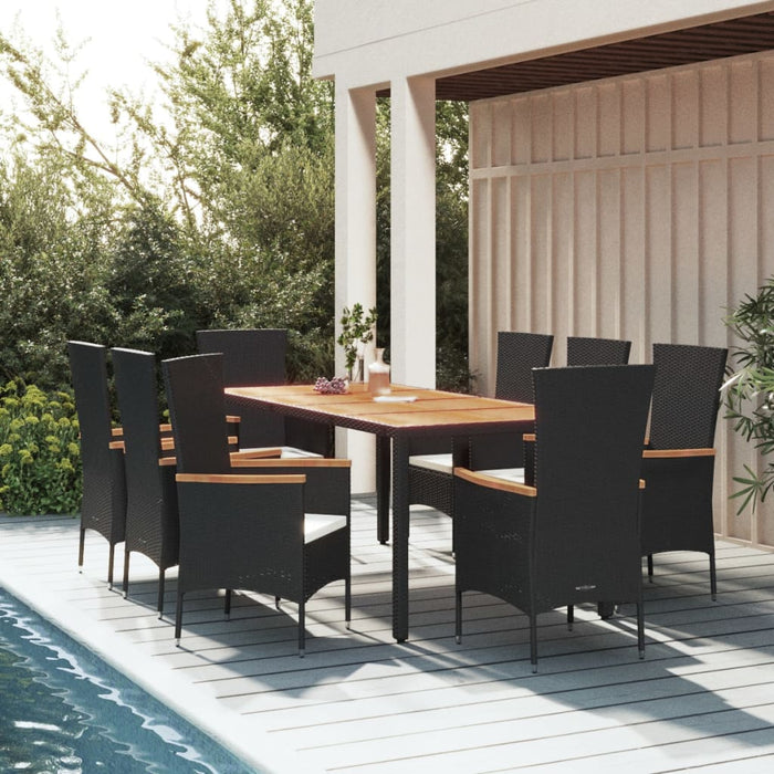 9 pcs. Garden Dining Set with Cushions Black Poly Rattan