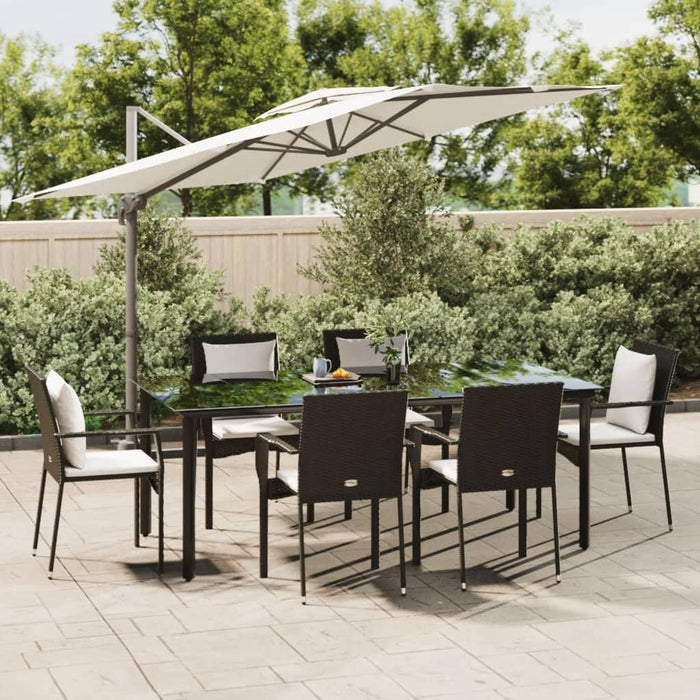 7-tlg. Garten-Essgruppe mit Kissen Schwarz Poly Rattan